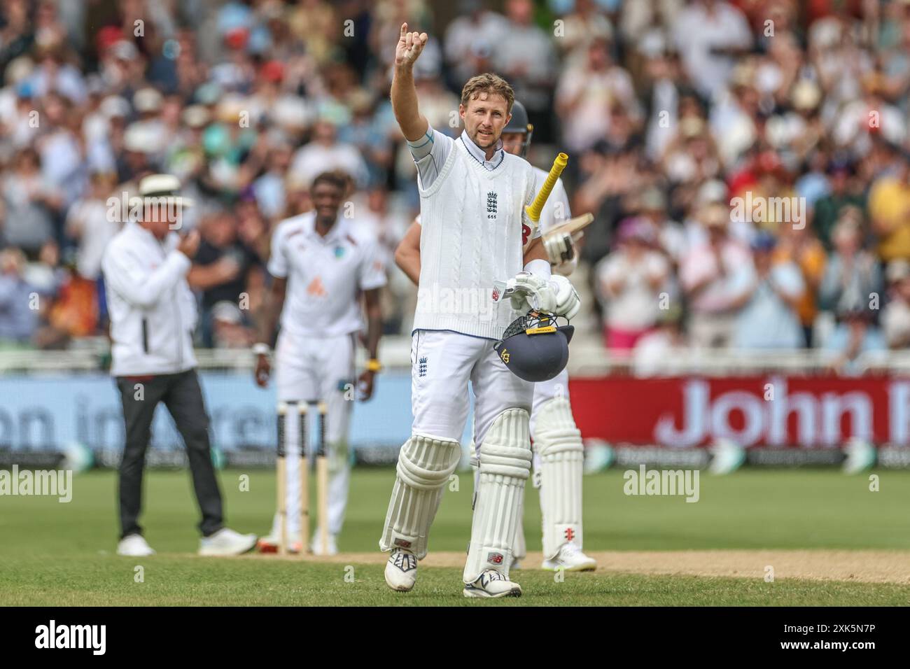 Joe Root of England celebrates a century (100 runs) during the Rothesay Test Match day four match England vs West Indies at Trent Bridge, Nottingham, United Kingdom, 21st July 2024  (Photo by Mark Cosgrove/News Images) Stock Photo