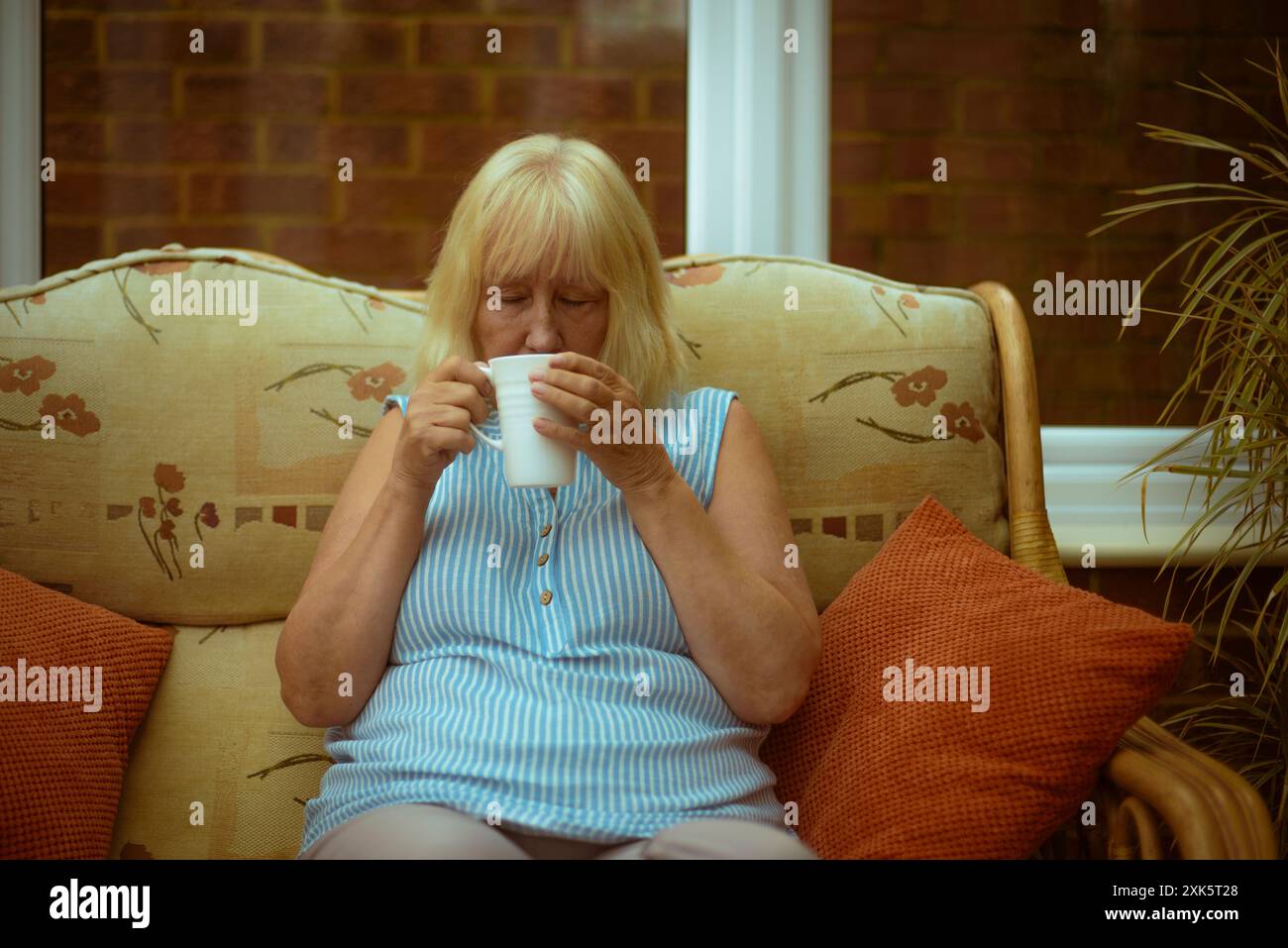 Mature woman drinking tea from a white mug in a warm and homely domestic setting and looking thoughtful. Stock Photo