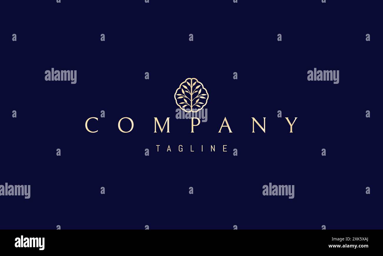 Vector golden logo with an abstract image of a brain with a tree and leaves inside. Stock Vector