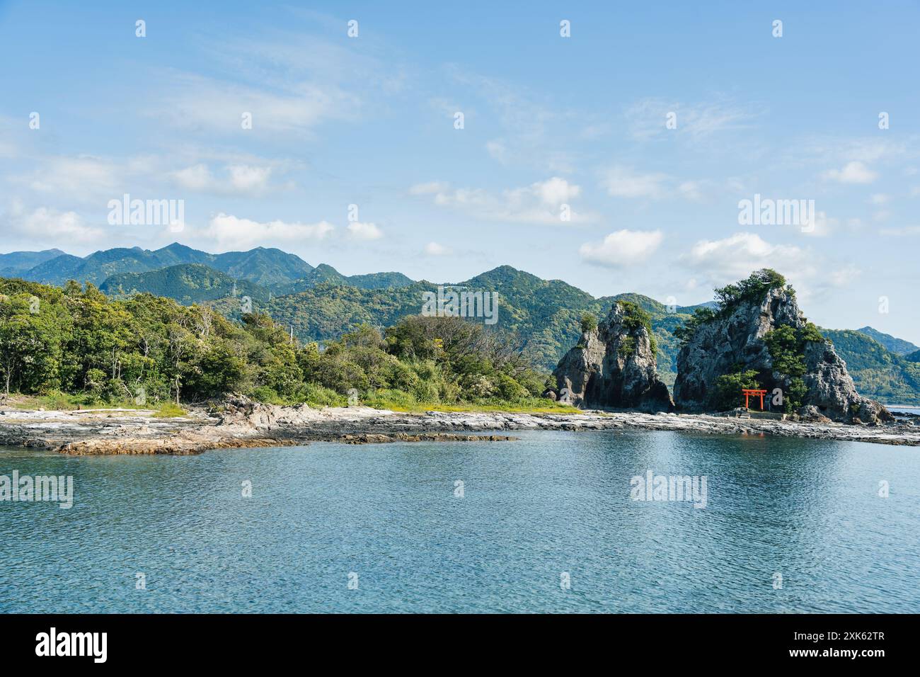 Isolated shinto shrine on Bentenjima island in Nachikatsuura, Japan. Scenic rocky landscape from the Pacific coast Stock Photo