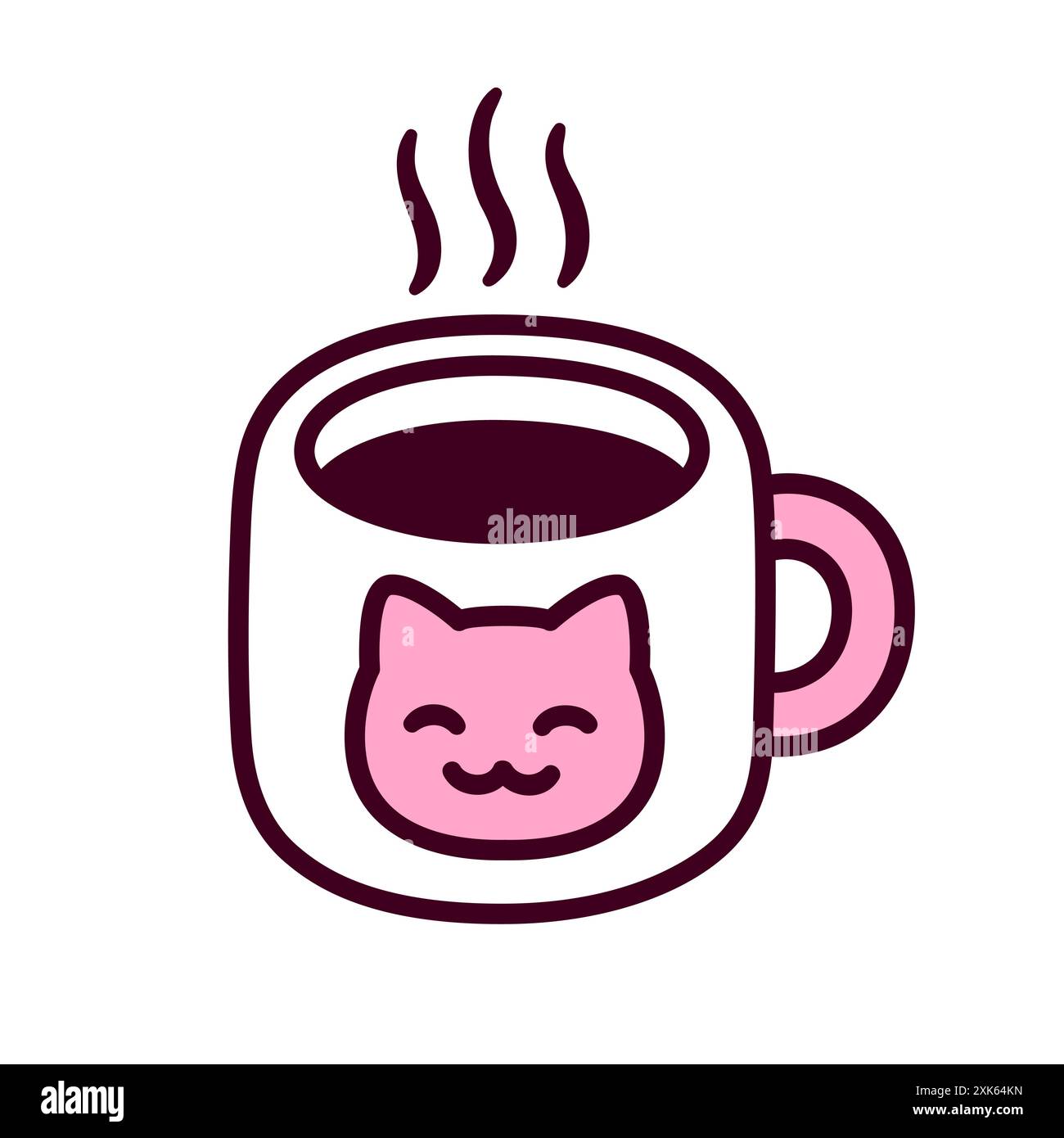Simple doodle icon of coffee cup or tea mug with kawaii cat face. Cute
