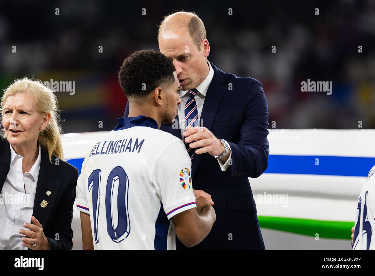 Juden Bellingham of England and Prince William (Prince of Wales and President of The Football Association) seen during the UEFA EURO 2024 final match Stock Photo