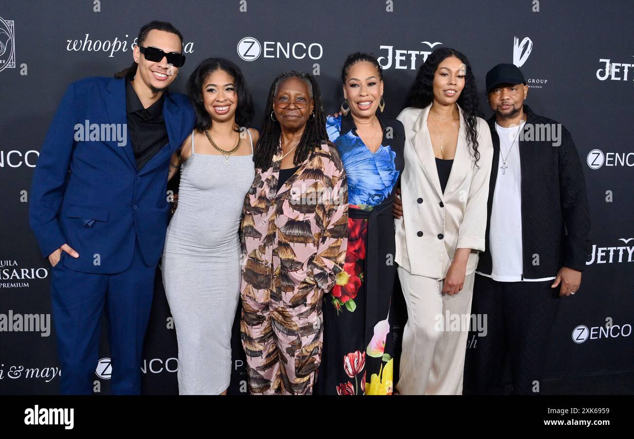 Venice Beach, United States. 20th July, 2024. Mason Dean, Amarah Dean, Whoopi Goldberg, Alex Martin Dean, Jerzey Dean and Bernard Dean (L-R) attend 'A Night with Whoopi' Celebrating WhoopFam's Emma & Clyde and Whoopi & Maya brands launch in Venice Beach, California on Saturday, July 20, 2024. Photo by Jim Ruymen/UPI Credit: UPI/Alamy Live News Stock Photo