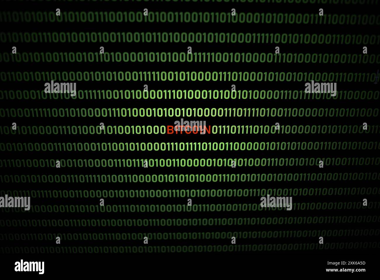 BITCOIN text and binary code concept from the desktop computer screen, selective focus, electronic currency, future payment concept Stock Photo