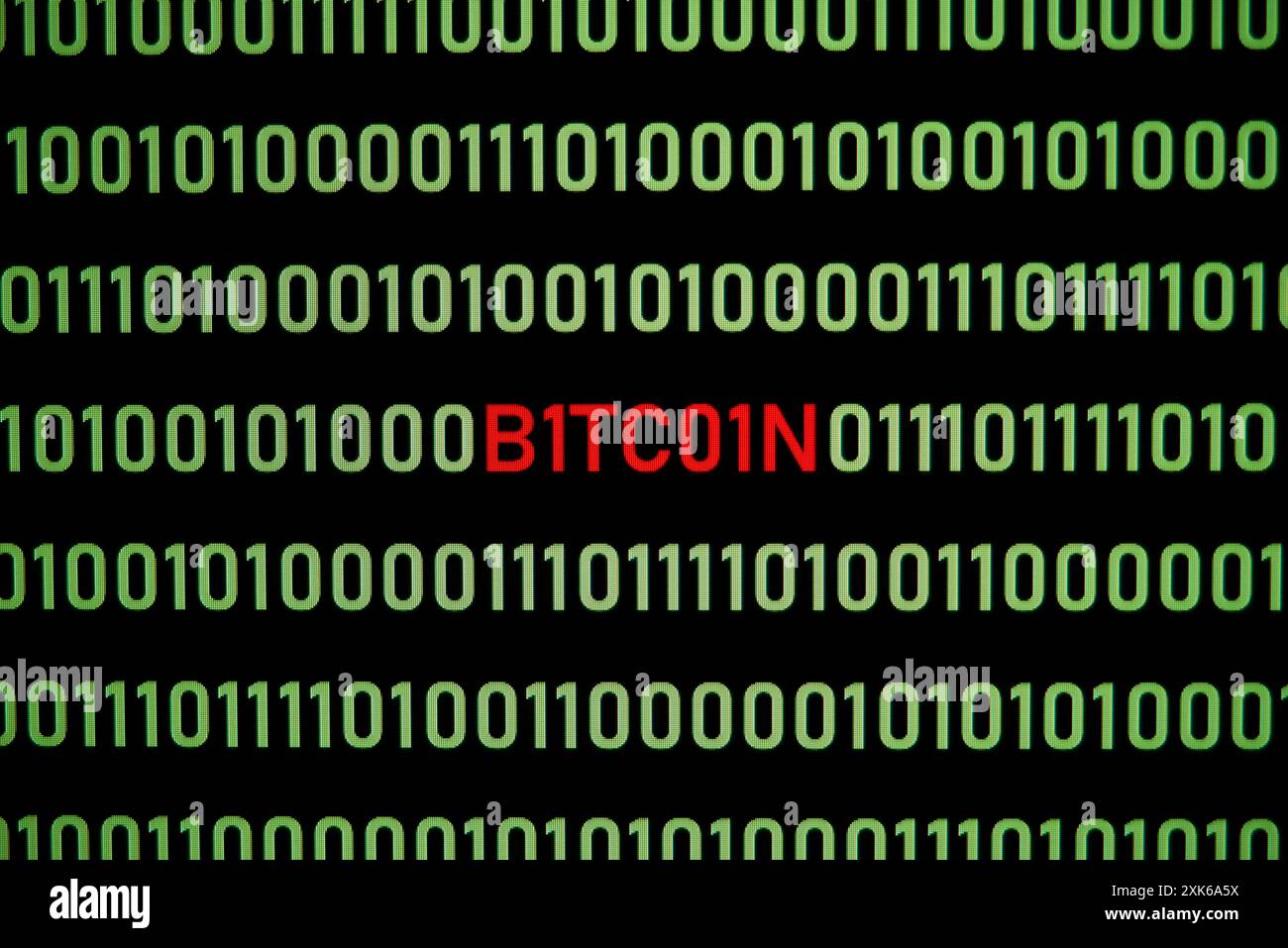 BITCOIN text and binary code concept from the desktop computer screen, selective focus, electronic currency, future payment concept Stock Photo