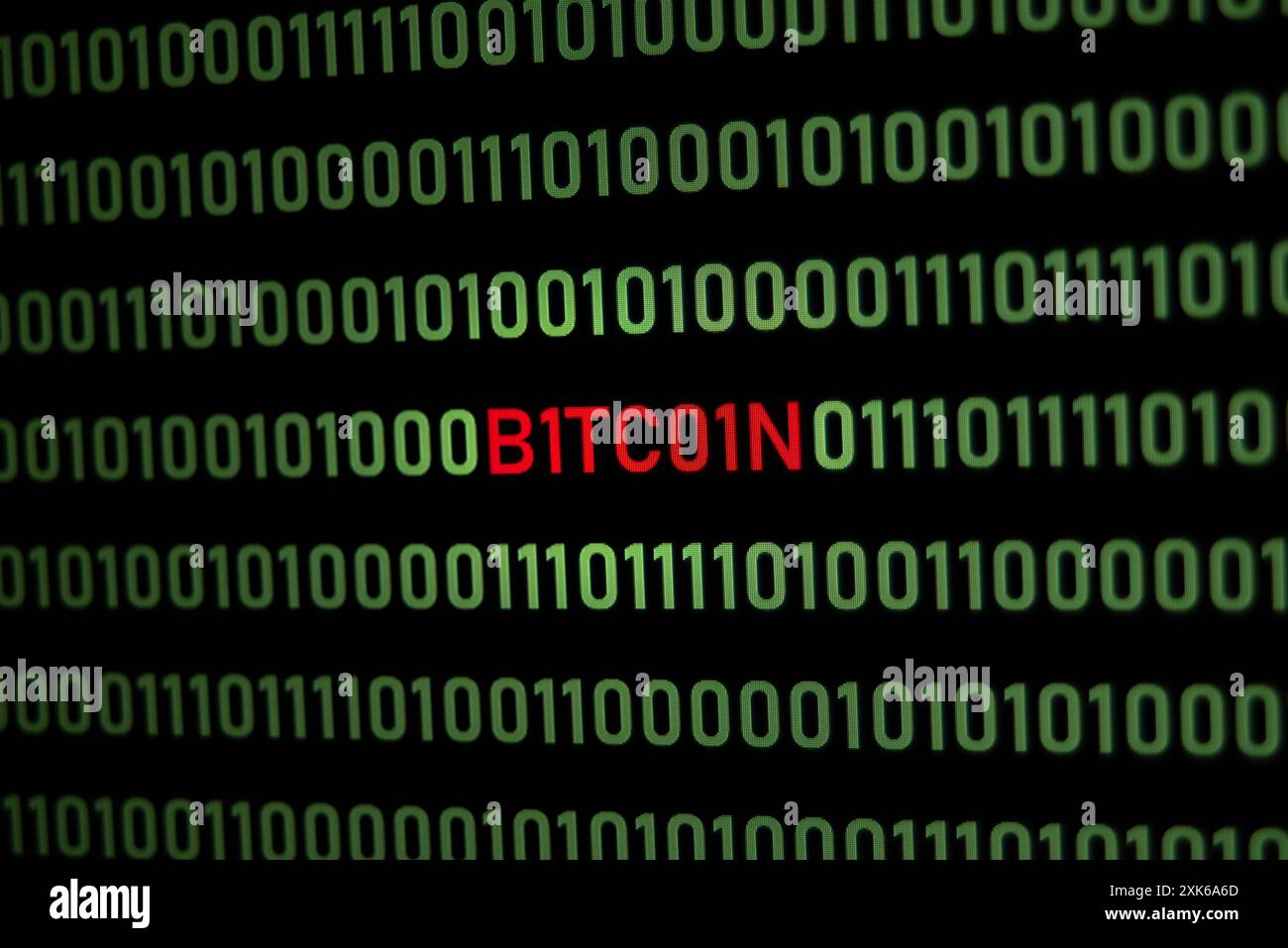 BITCOIN text and binary code concept from the desktop computer screen, selective focus, electronic currency, future payment concept Stock Photo