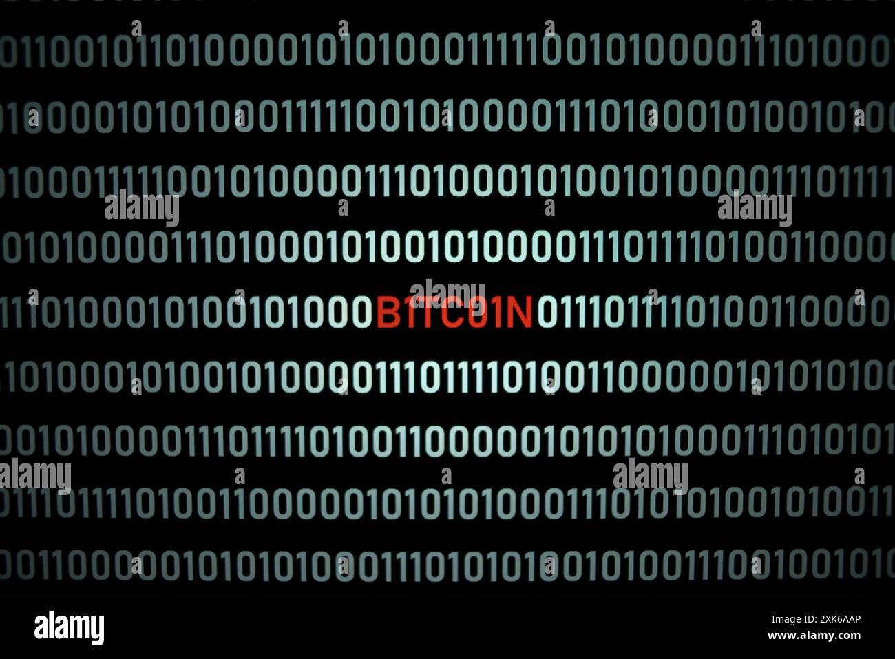 BITCOIN text and binary code concept from the desktop computer screen, selective focus, electronic currency, future payment concept Stock Photo