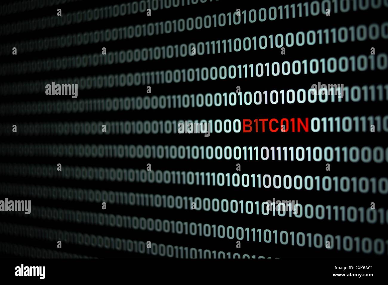 BITCOIN text and binary code concept from the desktop computer screen, selective focus, electronic currency, future payment concept Stock Photo