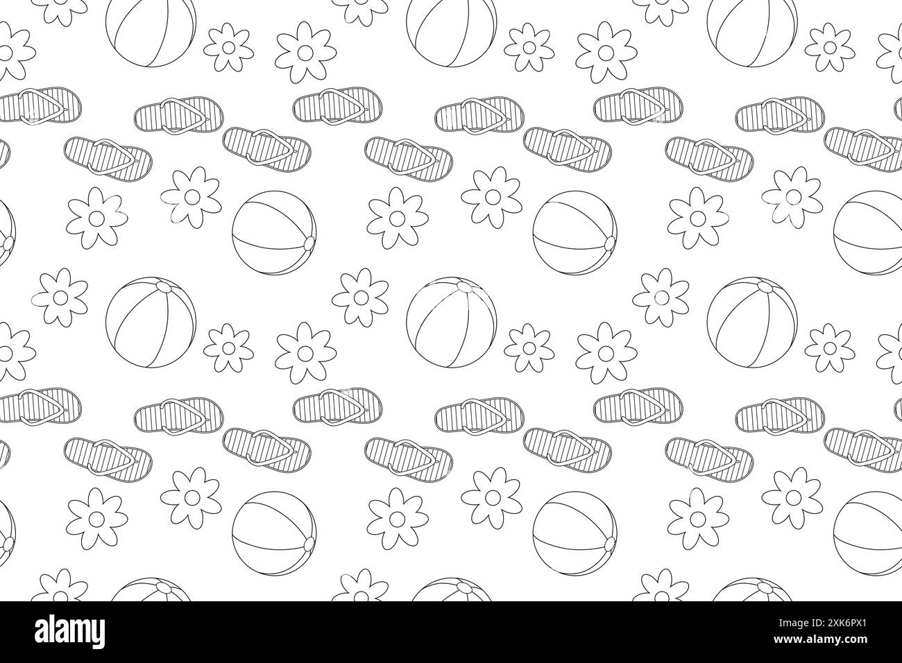 Fun summer beach-themed coloring page featuring flip-flops, beach balls