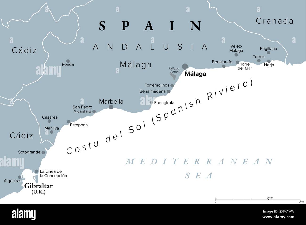 Costa del Sol, Spanish Riviera in Andalusia, gray political map. World