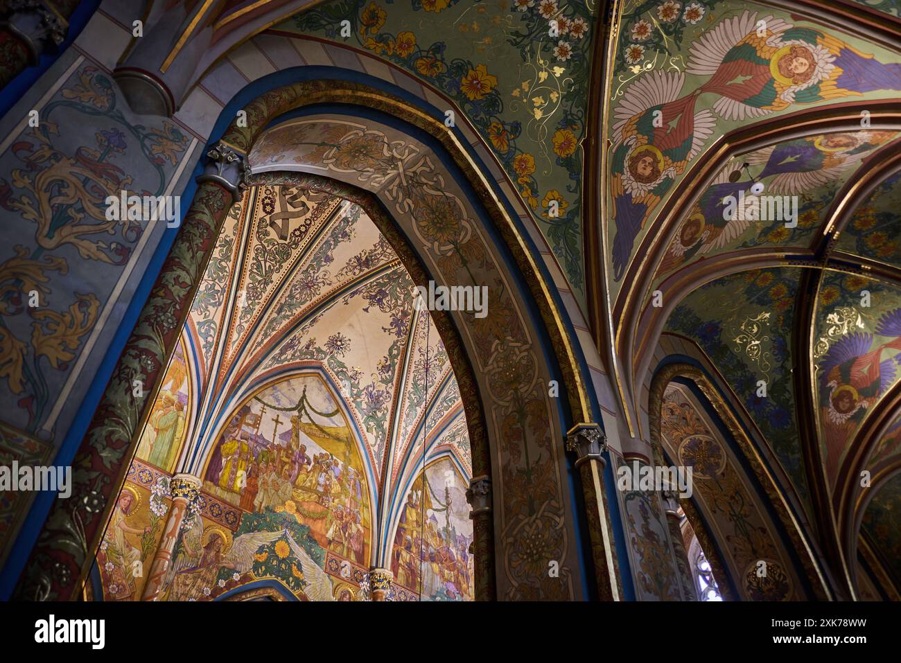Interior of Basilica of St. Peter and St. Paul, neo-Gothic church in Vysehrad fortress in Prague, capital of Czech Republic on 16 January 2024 Stock Photo