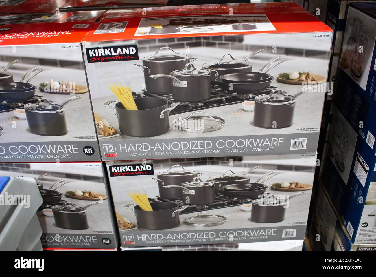 Los Angeles, California, United States - 04-06-2021: A view of several packages of Kirkland Signature 12 piece non-stick hard-anodized cookware set. Stock Photo