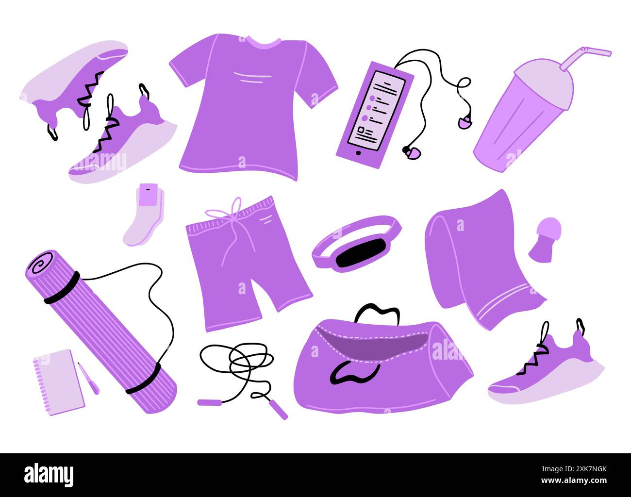 Fitness Set or Gym Sportswear and Stuff, Sport Supply. Yoga Mat, Bottle, Socks and Sneakers Vector Isolated Cute Objects Collection Stock Vector