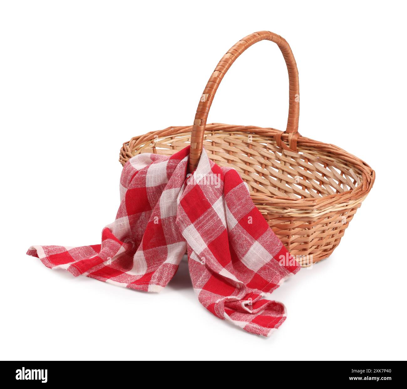 One picnic wicker basket with checkered napkin isolated on white Stock ...