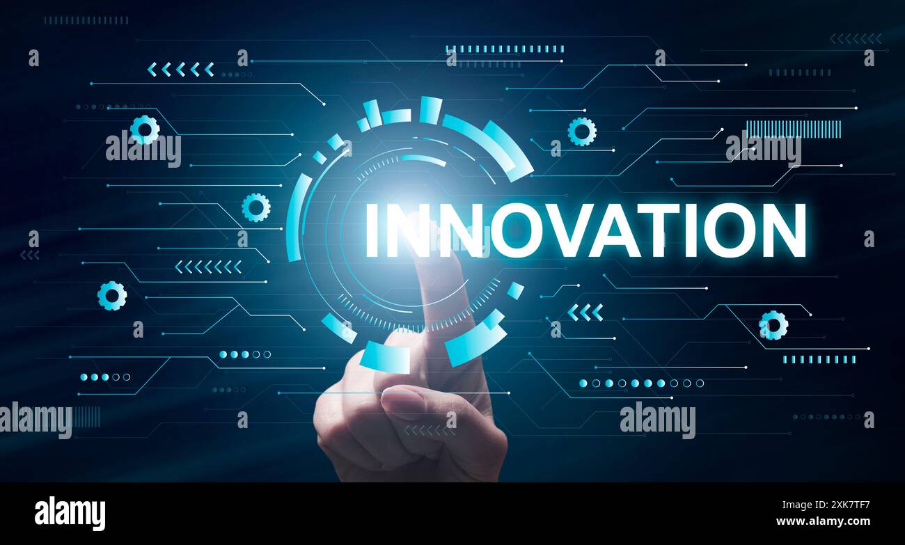 Innovation Concept. Businessman Pointing On Virtual Display Stock Photo