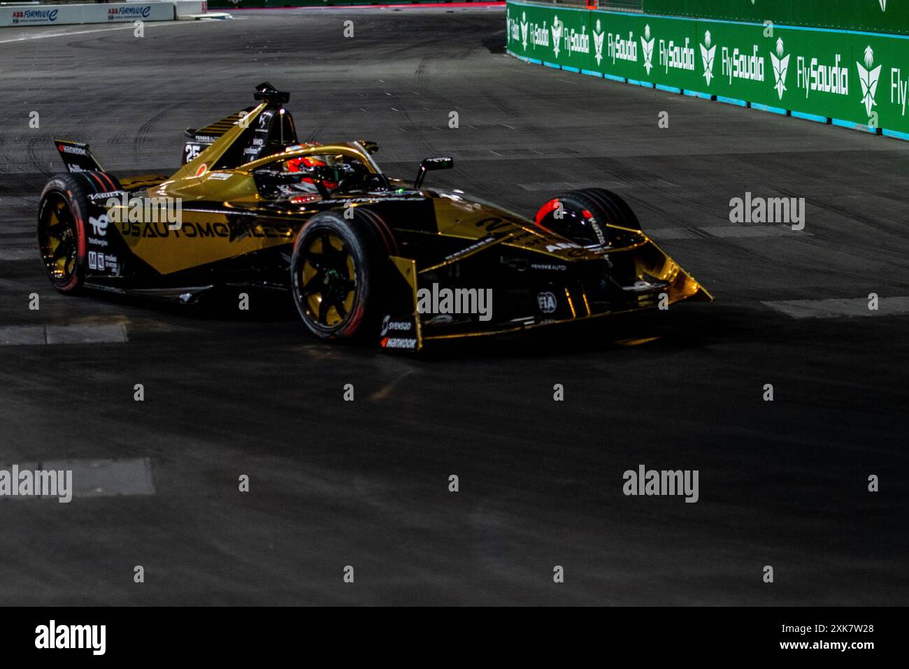 DS Penske drivers Stoffel VanDoorne and Jean-Eric Vergne race during the Hankook London Formula E-Prix Race 1 at Excel Centre. Stock Photo