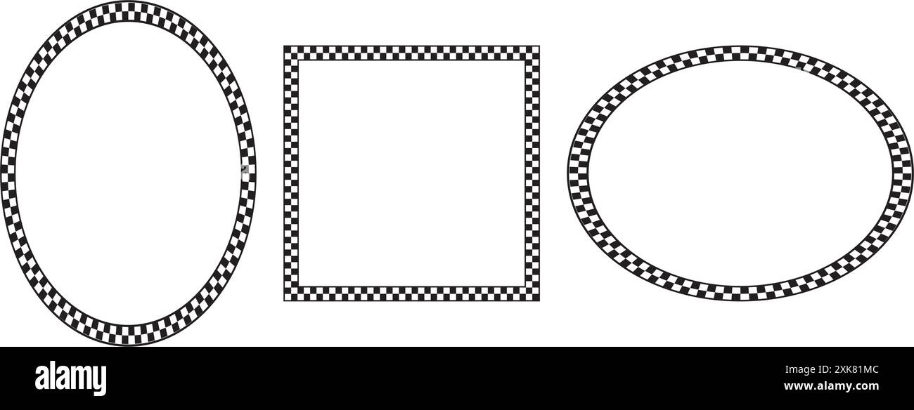 Set of frames with black and white squares checkered print. Oval and square forms with checkerboard, race flag or chess plane pattern. Geometric Stock Vector