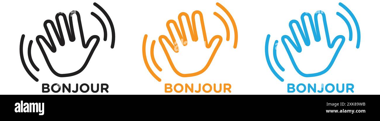 Bonjour text with hand wave icon vector logo set collection or bundle pack group Stock Vector