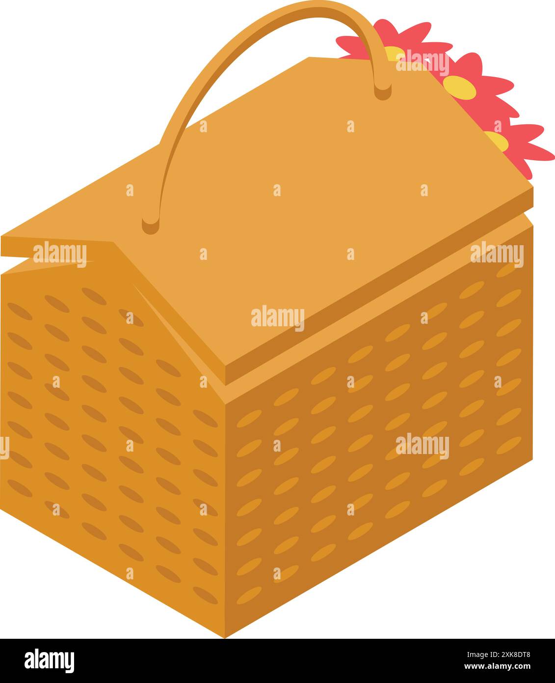 Wicker picnic basket with flowers is depicted in an isometric view ...