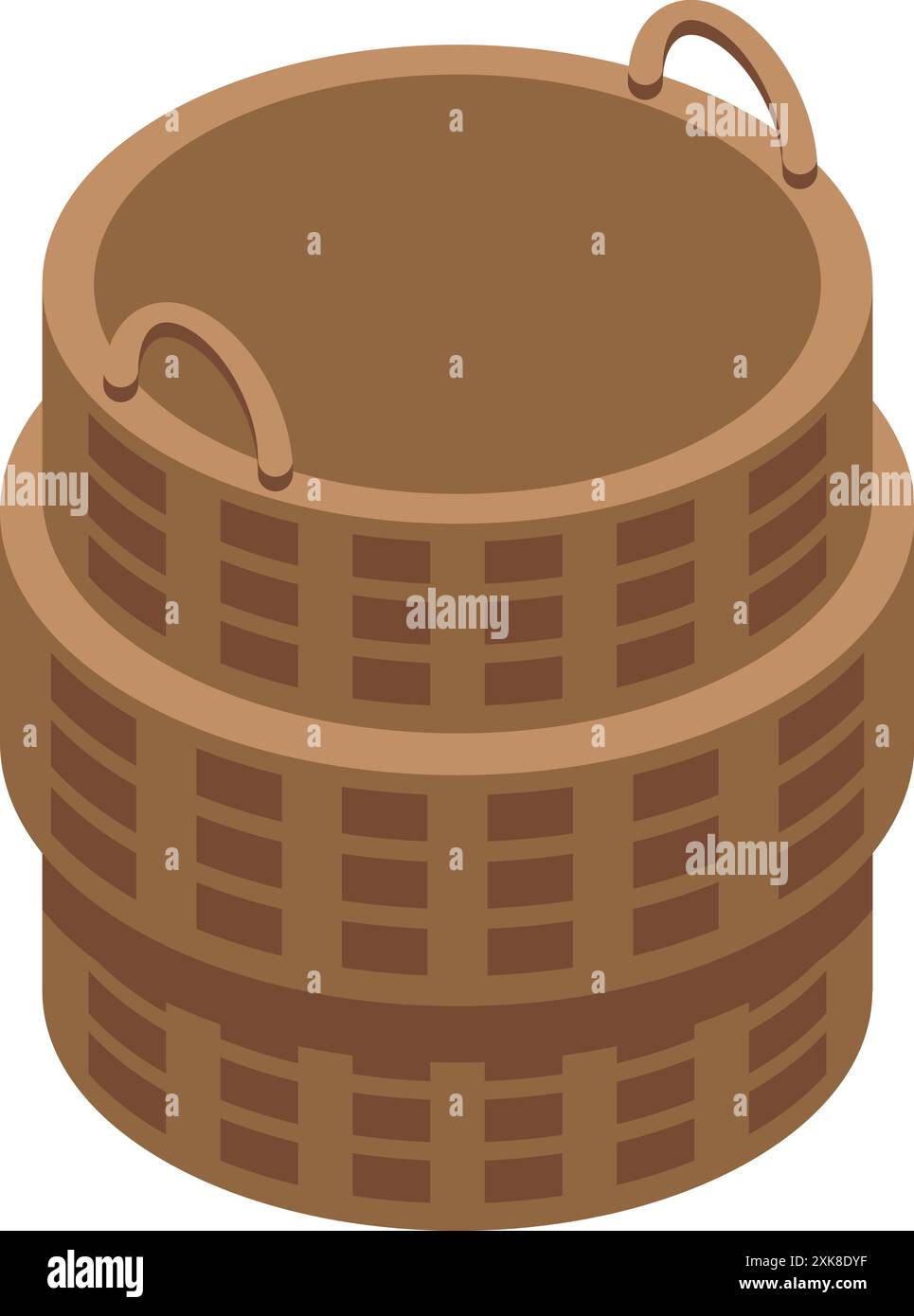 Empty round wicker basket with handles standing on white background Stock Vector