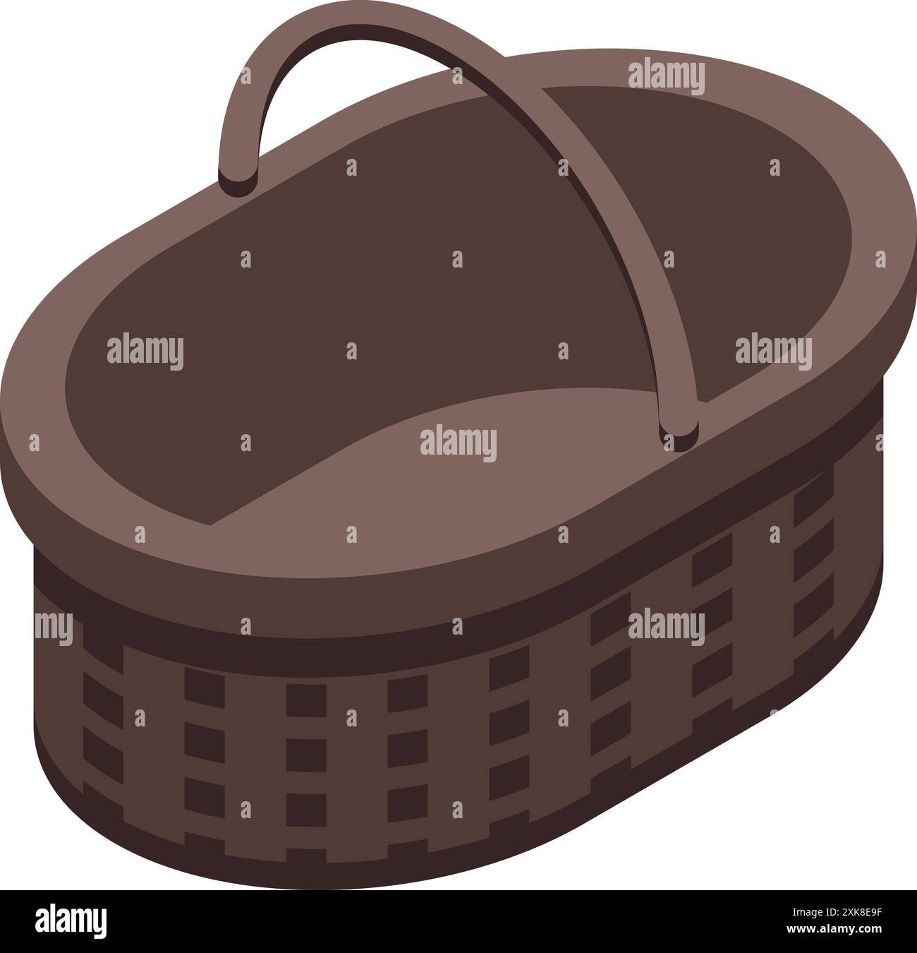 Empty wicker basket standing with raised handle isometric icon isolated on white background Stock Vector