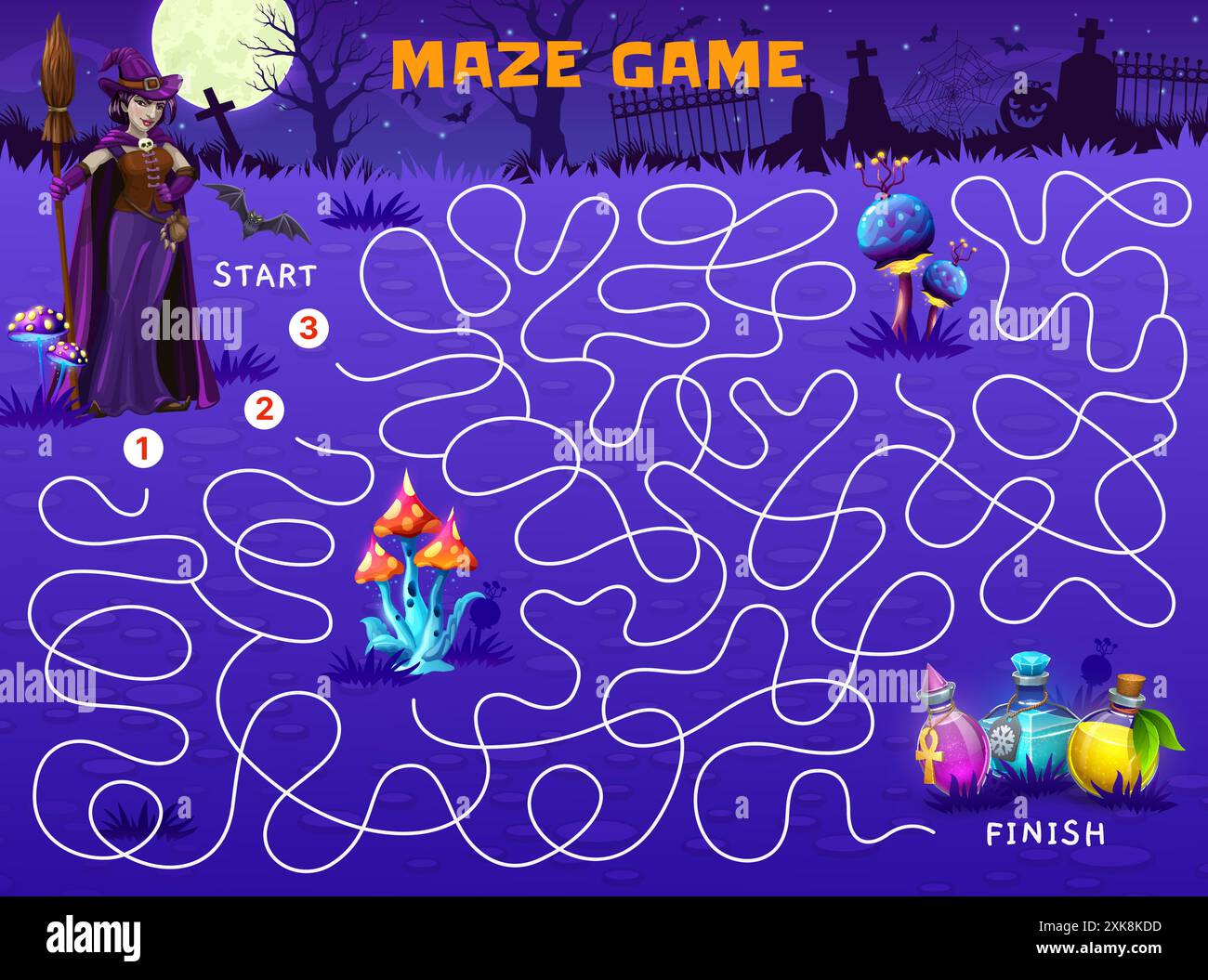 Halloween labyrinth maze game, help to witch find potion bottles on ...