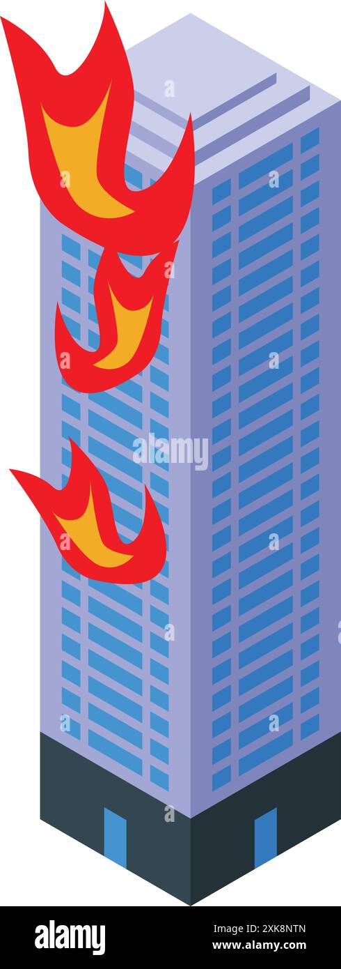 Burning skyscraper building under fire disaster isometric icon Stock Vector