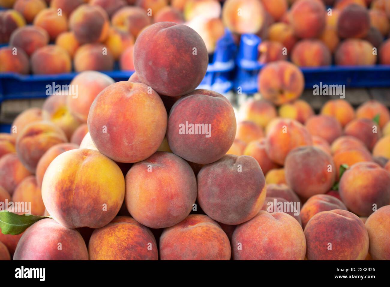 Background of peaches. Ripe and juicy peaches are sold at the farmers ...