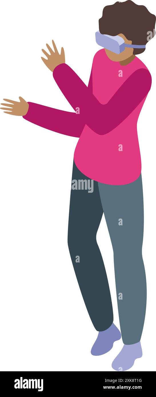 Young man is immersed in a virtual world, interacting with digital content using a vr headset Stock Vector