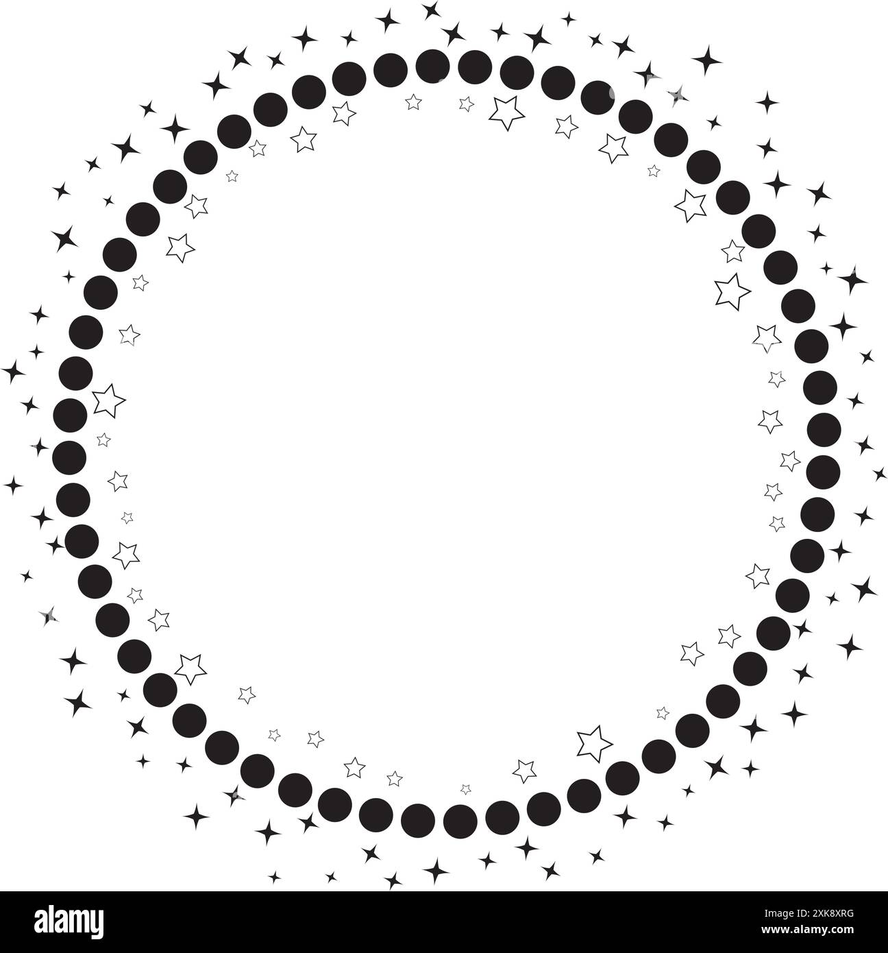 Minimal round frame with circles and stars. Vector decorative element, modern geometric frame with circles and stars silhouettes. Stock Vector