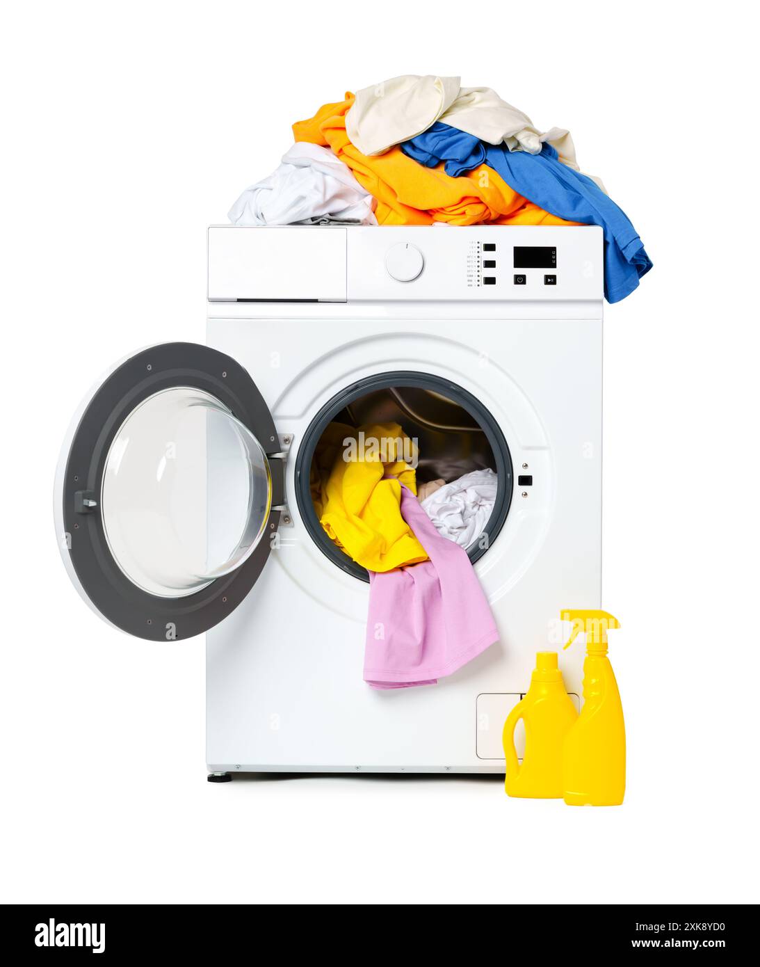 White Front Load Washing Machine With Clothes Inside and Laundry ...