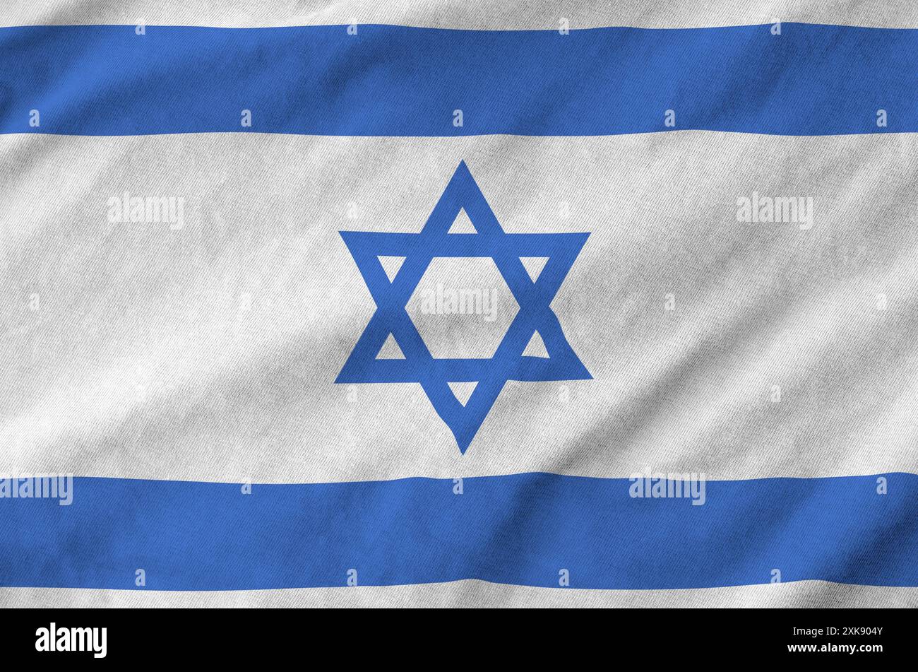 Israel flag depicted on folded wavy fabric of old cloth close up Stock ...