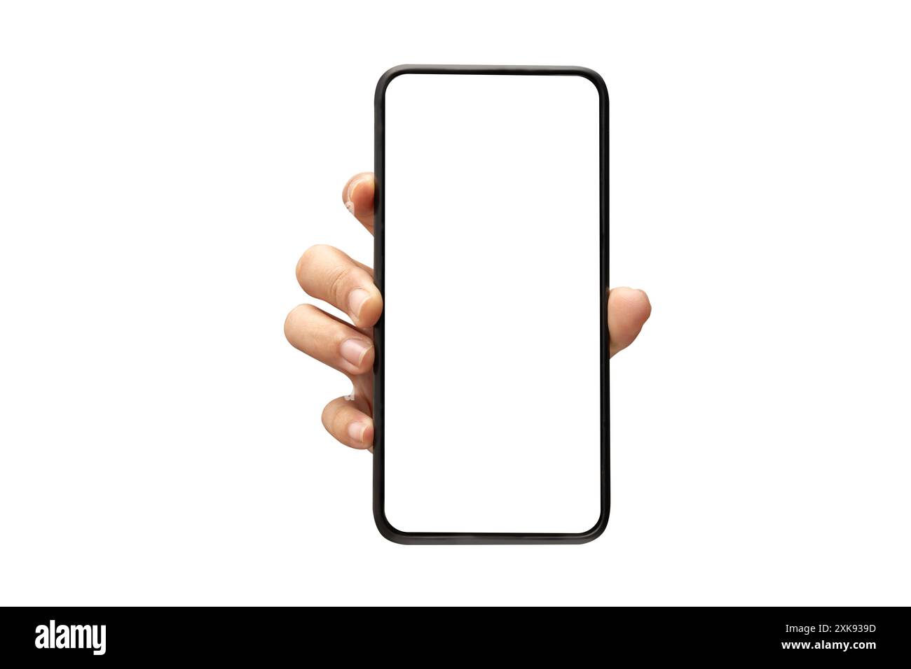 Young woman hand holding mobile smartphone with blank screen isolated ...