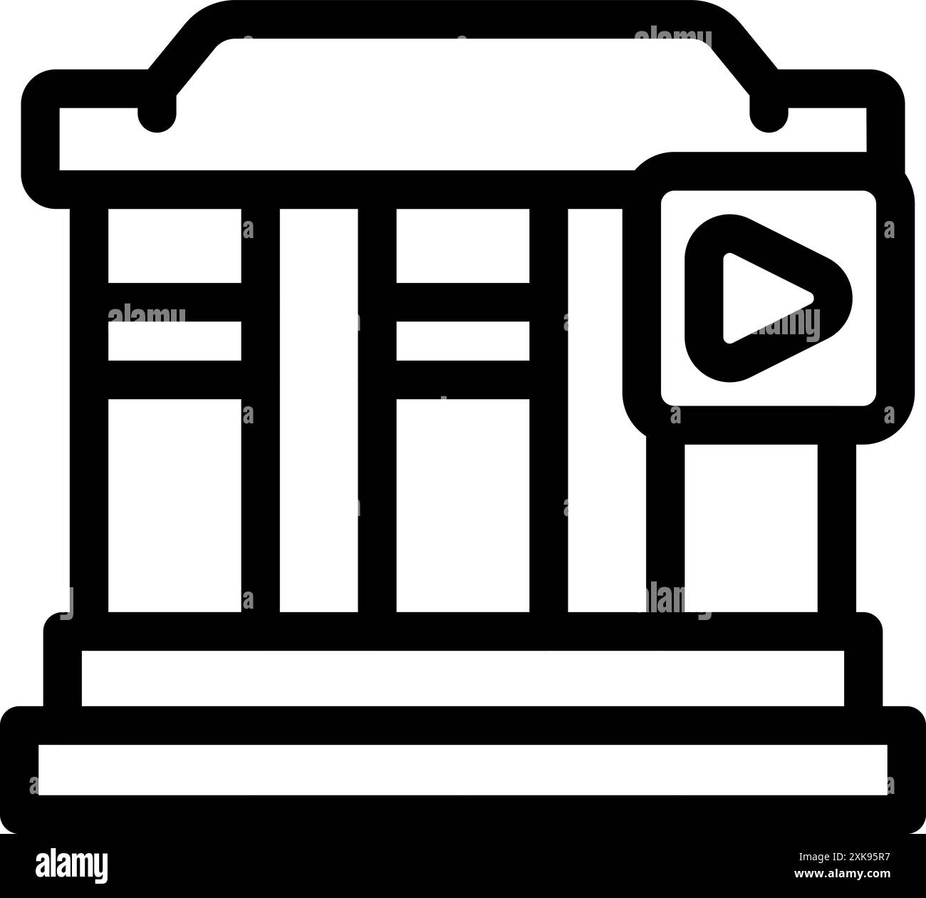 Online museum concept with building icon and play button, simple black ...