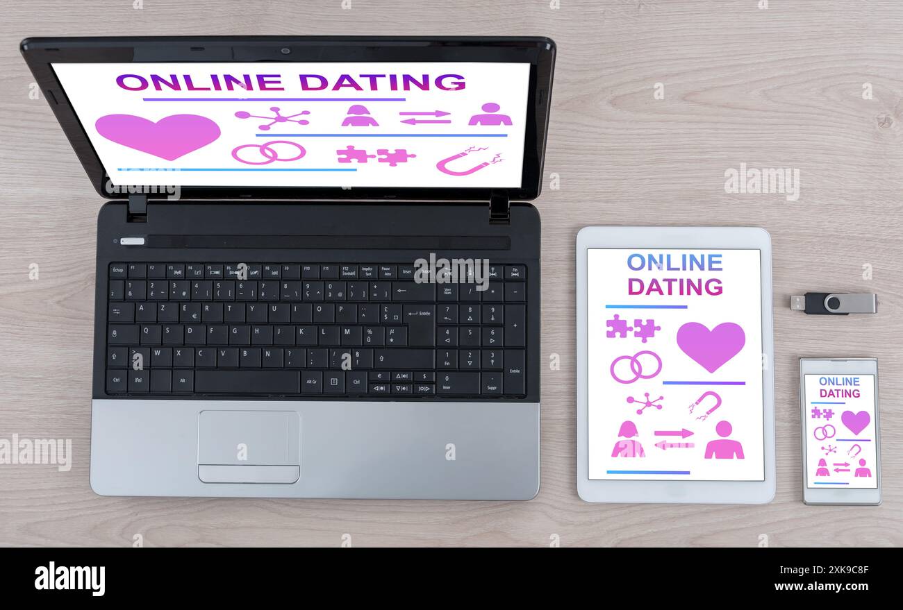 Online dating concept shown on different information technology devices Stock Photo