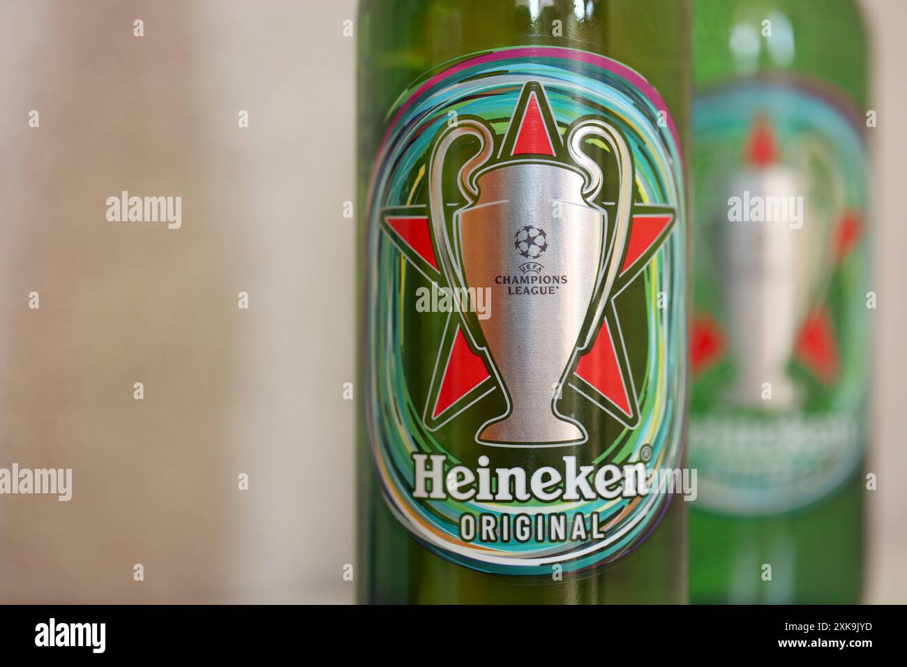 KYIV, UKRAINE - JULY 10, 2024 Bottle of Heineken beer close up