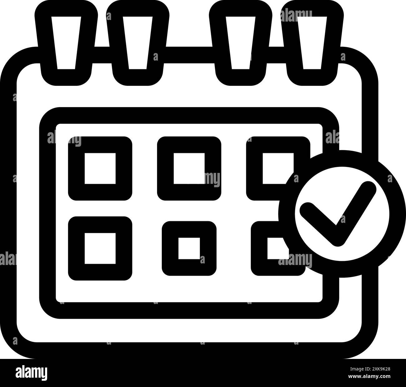 Simple, bold line art icon of a calendar page with a check mark ...