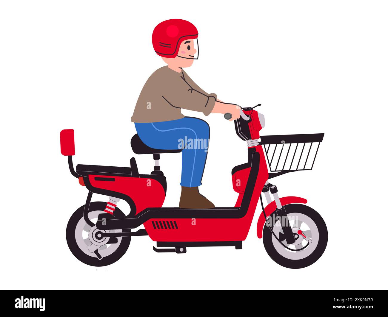 Man riding electric bike red motorbike e-vehicle wearing helmet white background urban moped Stock Vector