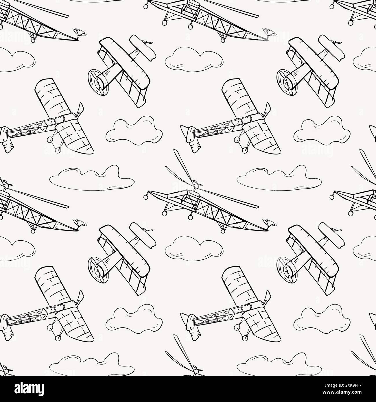 Retro air planes in clouds black white line on seamless pattern ...