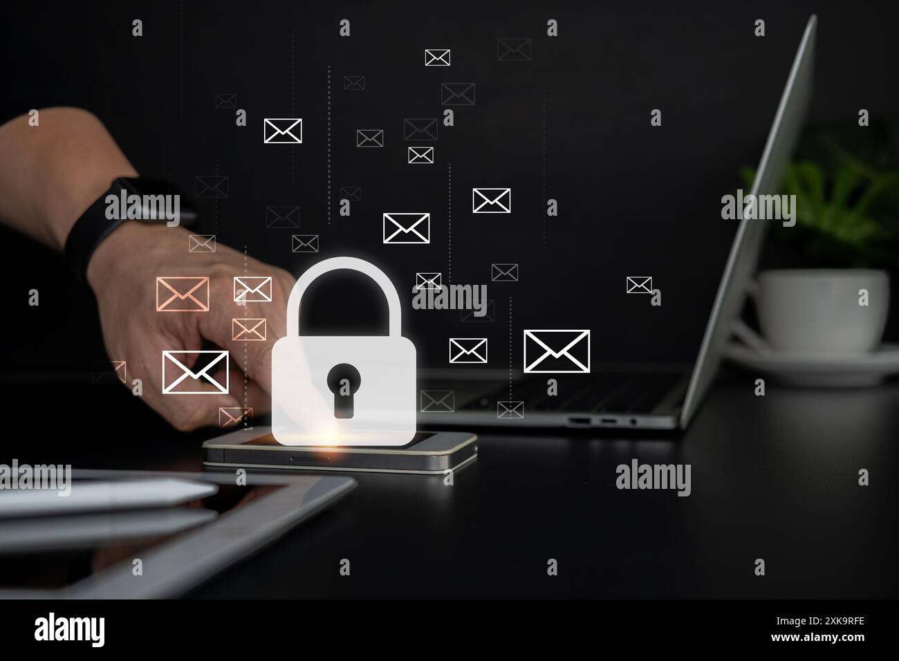 Male finger touching smartphone lock icon, business technology.Protect a cyber security from hacker attacks and save clients confidential data.Padlock Stock Photo