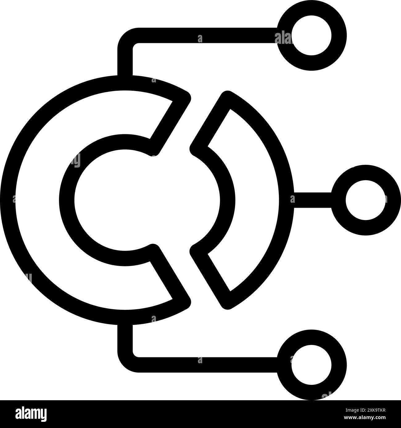Simple, bold line icon of a pie chart connecting to three points, representing data analysis Stock Vector