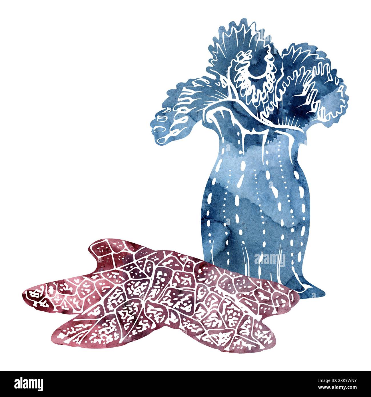 Watercolor and ink hand drawn marine life, sea ocean underwater creatures. fish, shells algae seaweed. Composition illustration, stylized, isolated on Stock Photo