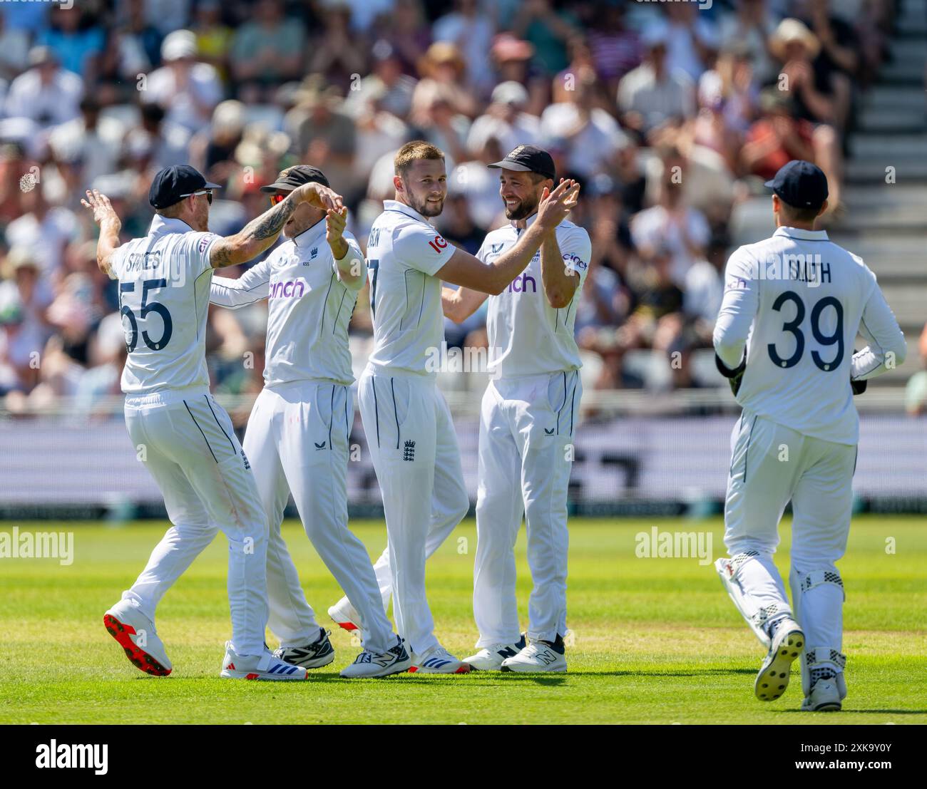 England players celebrate to wicket of West Indies captain Kraigg Brathwaite on day two of the 2nd Test Match between England and West Indies. Stock Photo