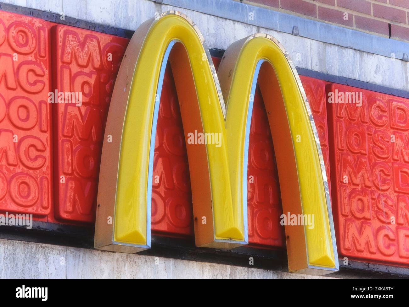 McDonalds fast food restaurant sign yellow golden arches symbol. Circa ...