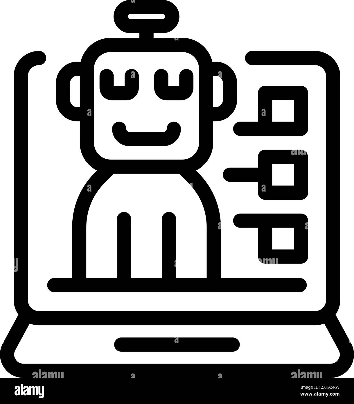 Friendly robot is being displayed on a laptop screen with data charts, representing artificial intelligence in technology Stock Vector