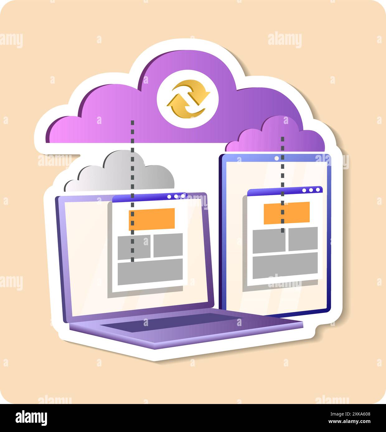 Cloud computing synchronizing data between laptop and tablet Stock Vector