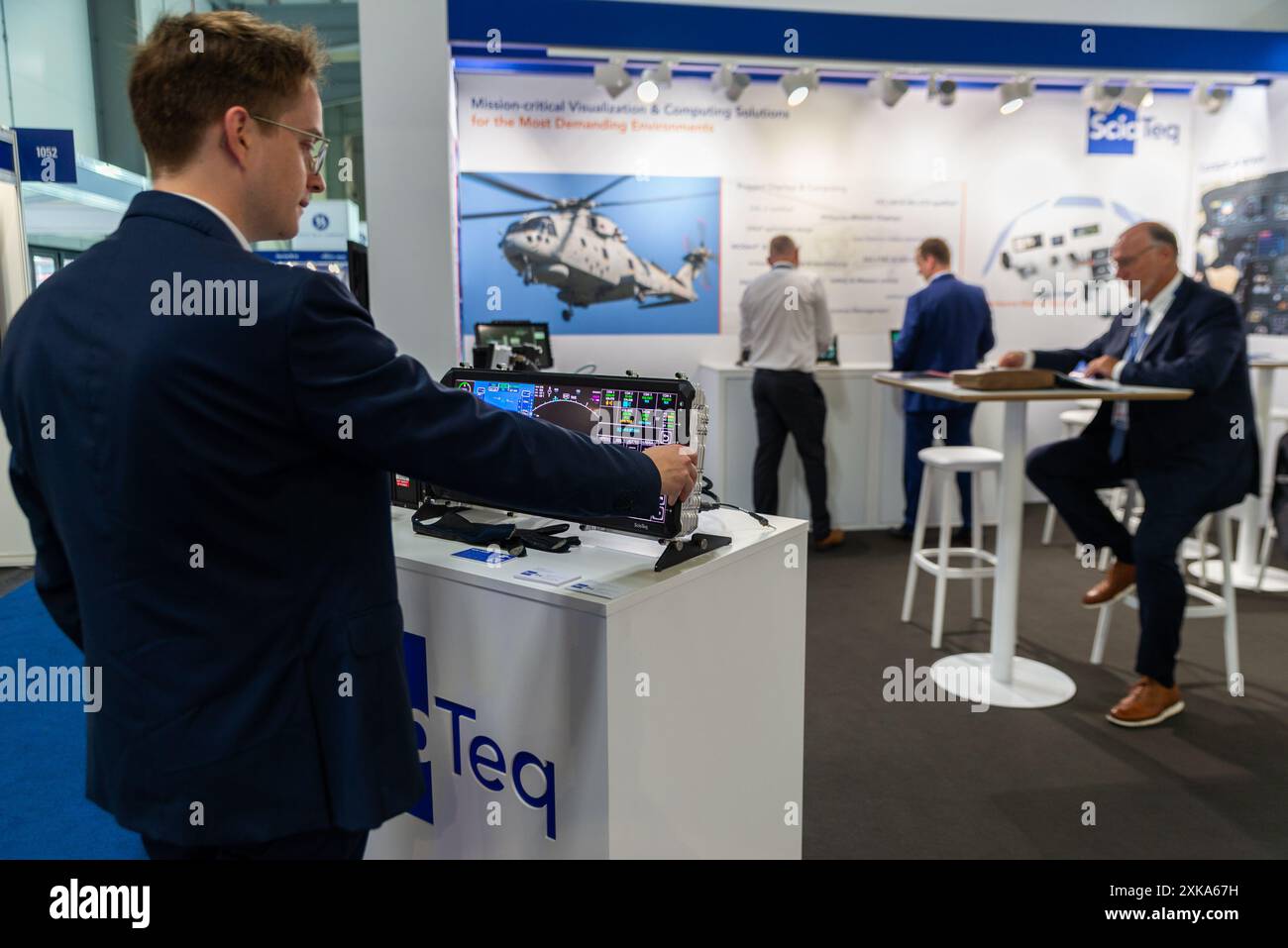 Farnborough Airport, Hampshire, UK. 22nd Jul, 2024. The world’s military and civil aviation businesses have gathered to display and view the latest in aerospace technology. Stands in the halls display components, services and weaponry. Stock Photo