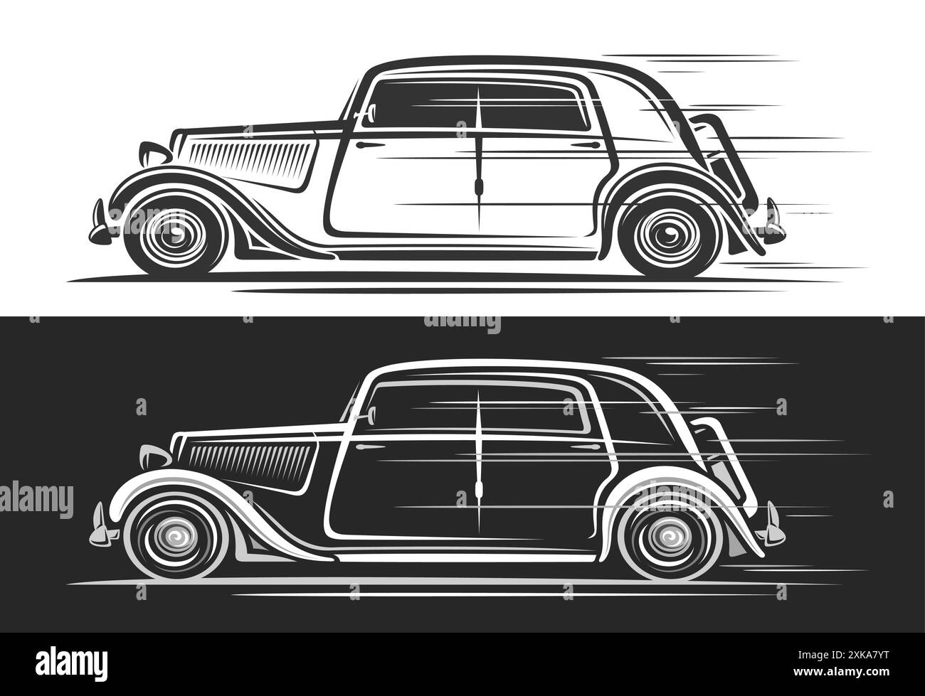 Vector logo for Oldtimer Car, automotive decorative banners with simple illustration of elegant historic car in moving, artwork of running monochrome Stock Vector