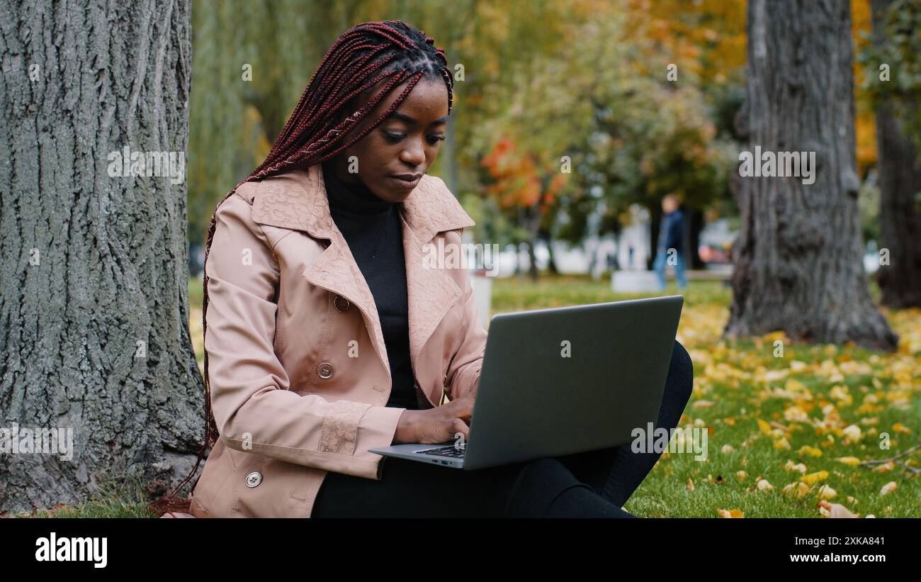 Young focused female student freelancer sitting in autumn park near tree working on laptop typing message checks email studying remote online distance Stock Photo