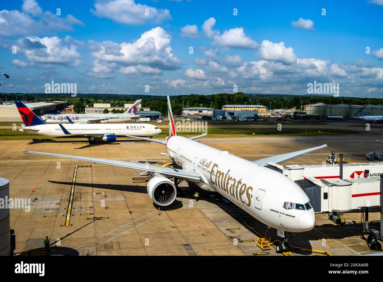 Airplanes On The Tarmac At London Gatwick North Terminal, Gatwick Airport, Crawley, UK. Stock Photo